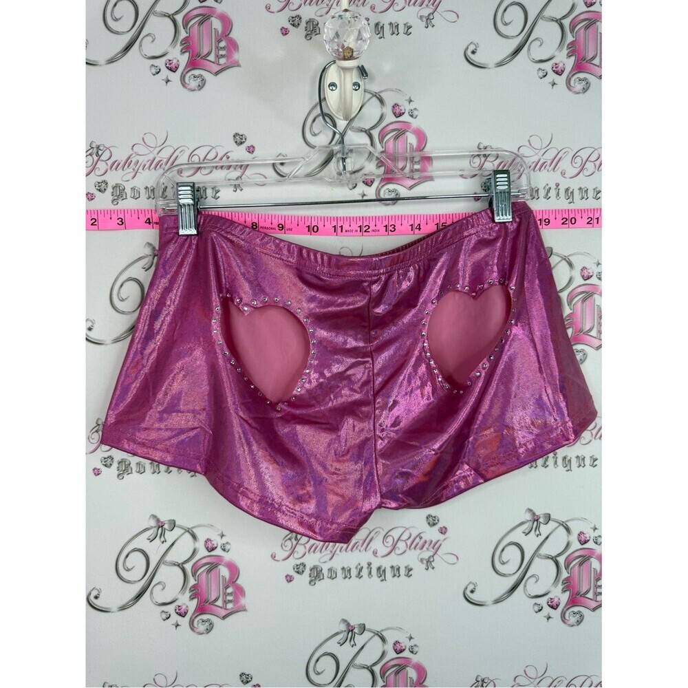 SHEIN heart cut out back rhinestone Metallic Pink Iridescent Lounge Shorts sexy